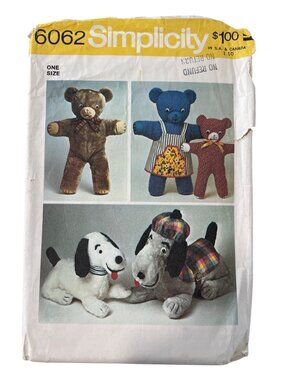 Vintage 70s Simplicity 6062 Sewing Pattern One Size Stuffed Animals Retro UNCUT